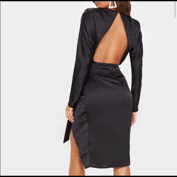 Pretty Little Thing Black Satin Wrap MIDI Dress (never worn) - Picture 3 of 7